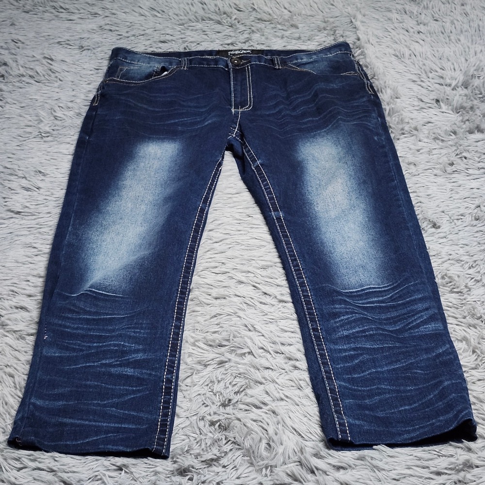 True Luck Mens Jeans 36x27‎ Hemmed Dark Wash Straight Fit Denim Thick Stitch